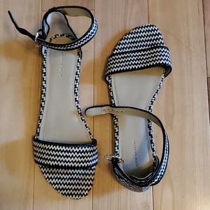 Black and tan rafia chevron sandals